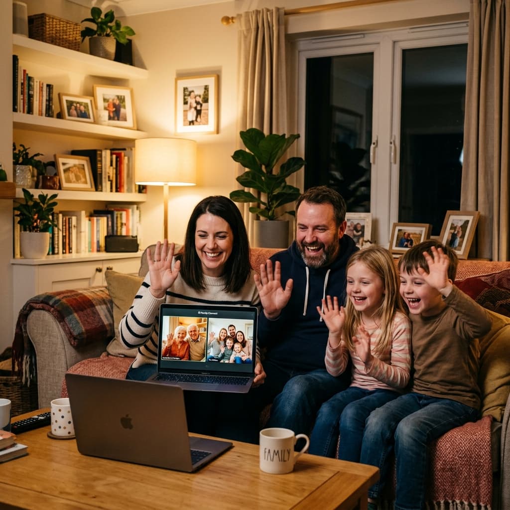 Long-distance family members smiling during a virtual game night