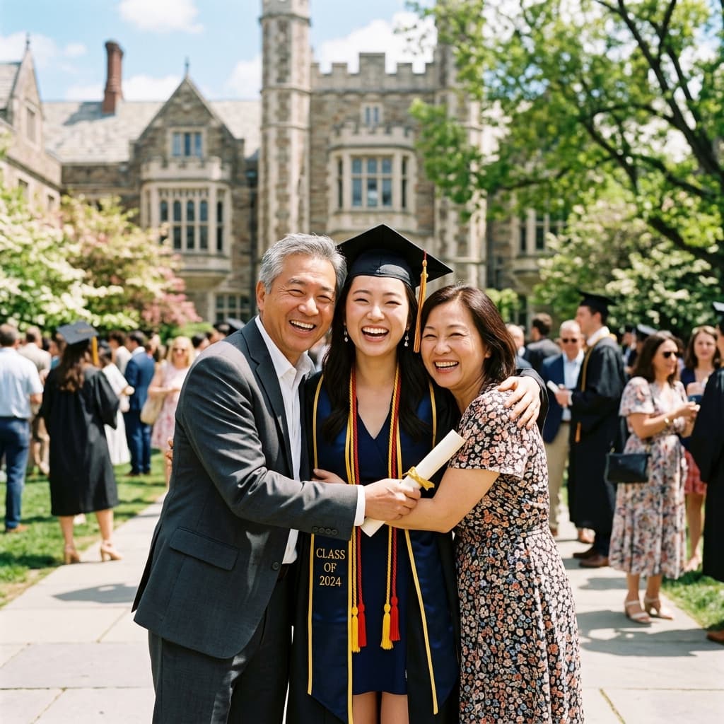 A graduate celebrating outdoors with family
