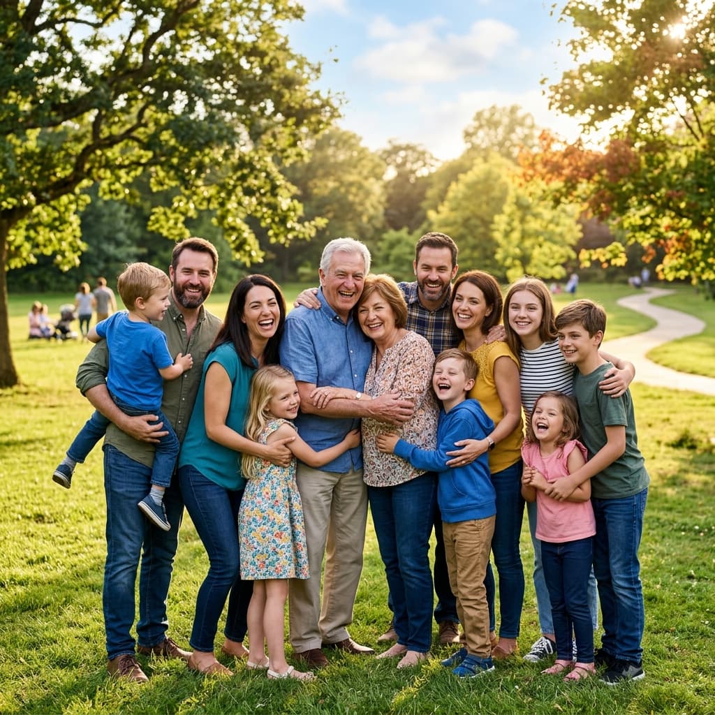 Several generations of a family laughing together outdoors