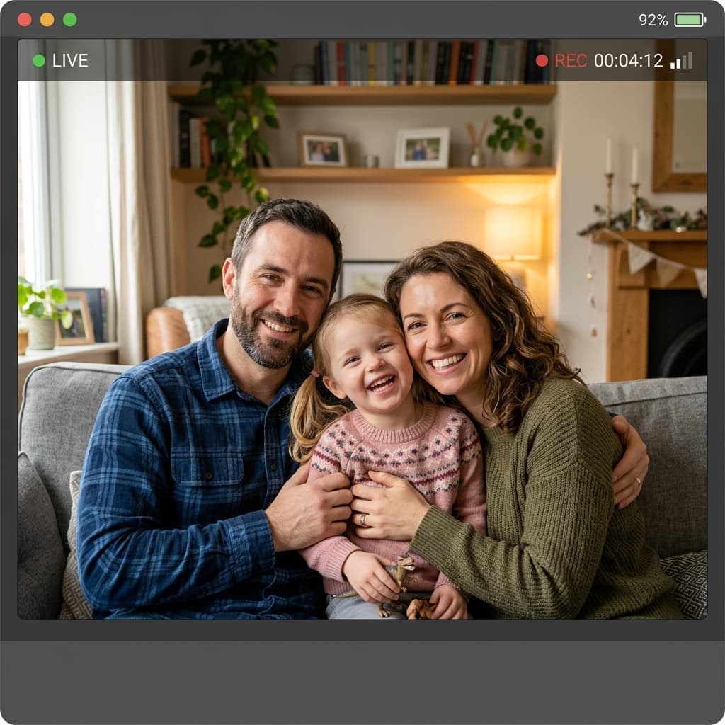 A family smiling together on a virtual reunion video call